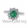 Classic Women's Ring with Center Stone Emerald Emerald Cat and Large Impressive Diamonds 0923