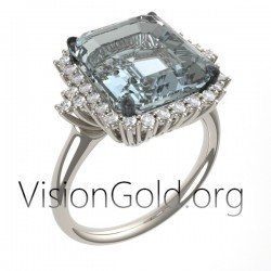 Klassischer Smaragdschliff Aquamarin Ring mit Diamanten im