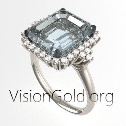 Κλασικο Δαχτυλιδι Με Ακουαμαρινα Emerald Cut Και Διαμαντια Σε