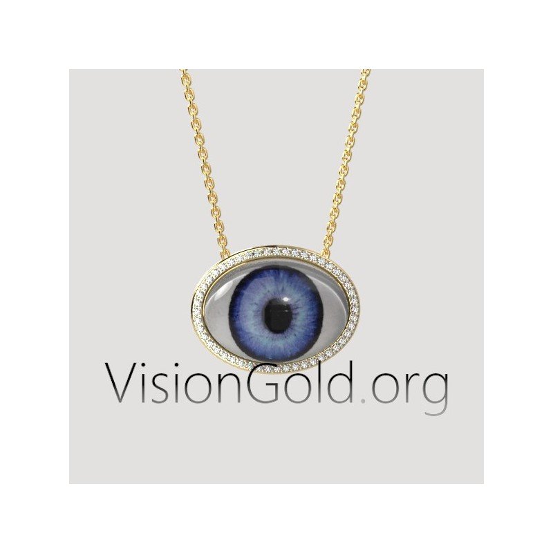 Unique Handmade Women's Eye Necklace With Brilliant Diamonds In 18K Gold 0625