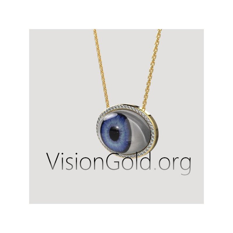 Unique Handmade Women's Eye Necklace With Brilliant Diamonds In 18K Gold 0625