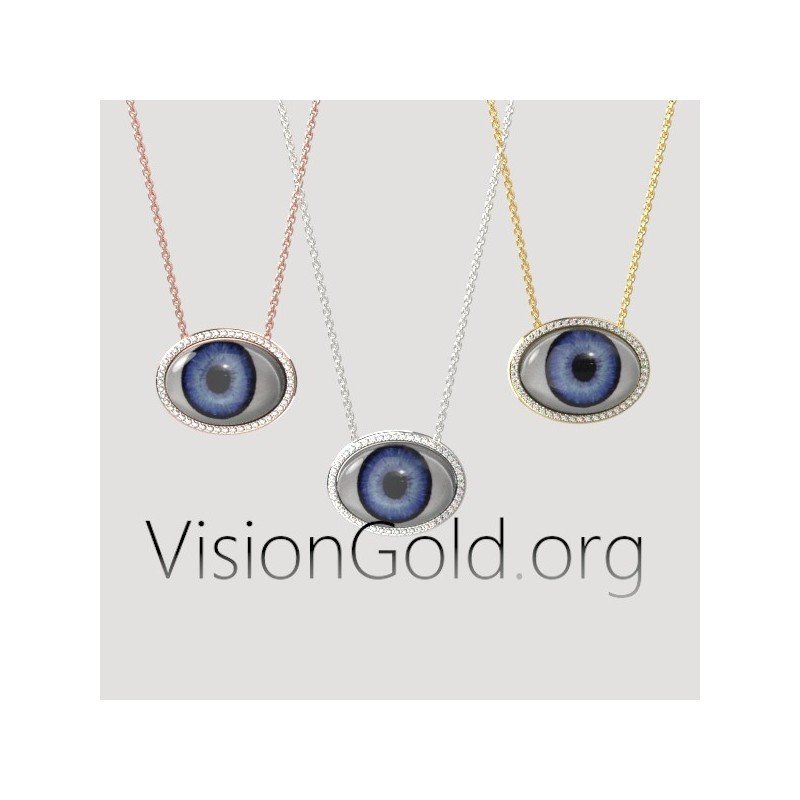 Unique Handmade Women's Eye Necklace With Brilliant Diamonds In 18K Gold 0625