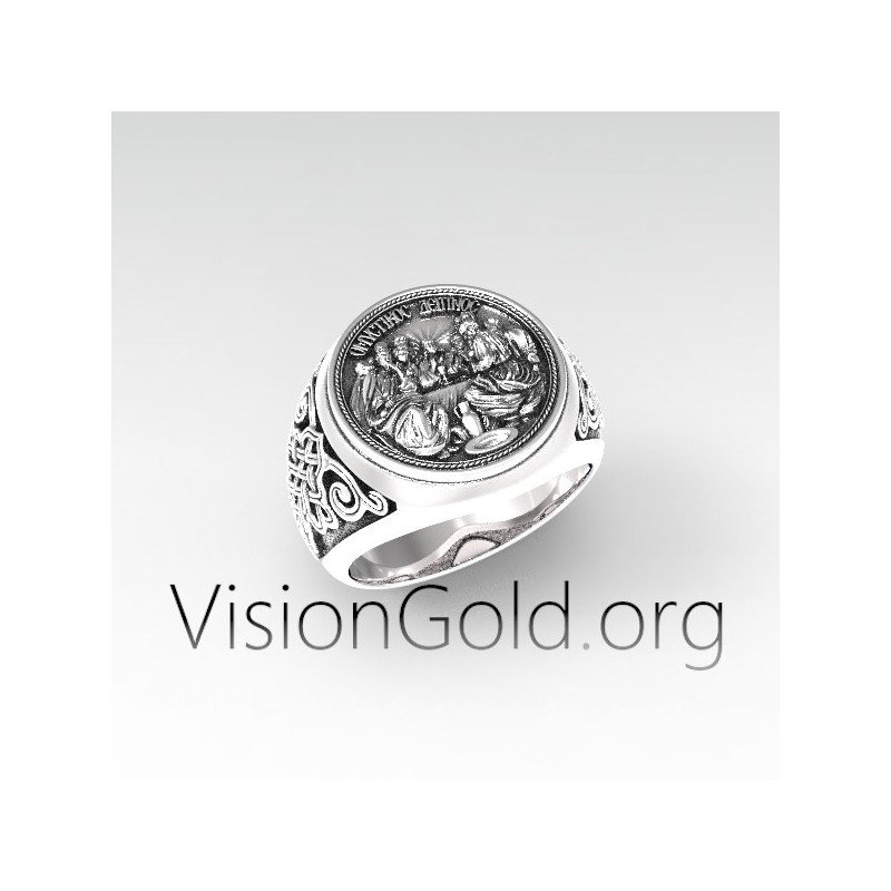 Unique Handcrafted 925 Sterling Silver Genuine Men's Ring Last Supper | Greek Russian Orthodox Ring 0476