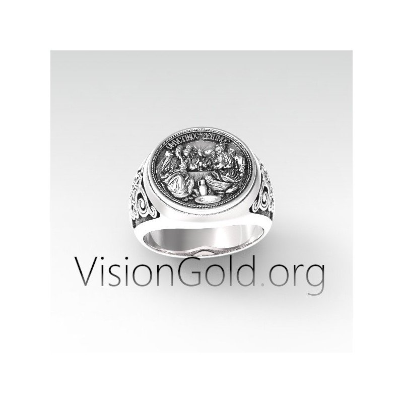 Unique Handcrafted 925 Sterling Silver Genuine Men's Ring Last Supper | Greek Russian Orthodox Ring 0476