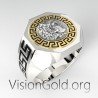 Meander Mens Ring With Coin Of Alexander The Great In 925 Sterling Silver 0497