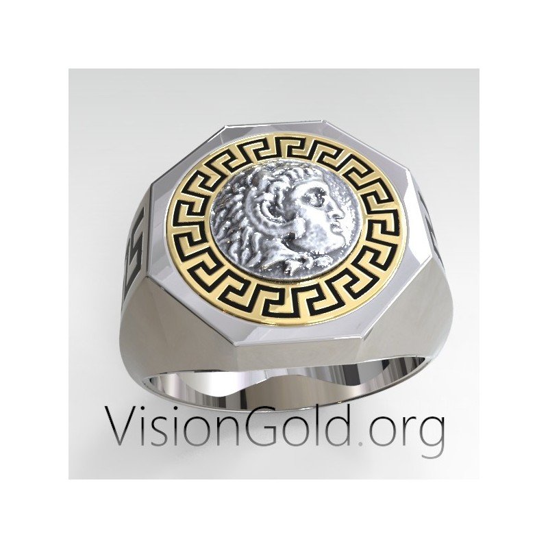 Meander Mens Ring With Coin Of Alexander The Great In 925 Sterling Silver  0497