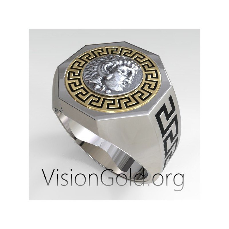 Meander Mens Ring With Coin Of Alexander The Great In 925 Sterling Silver  0497