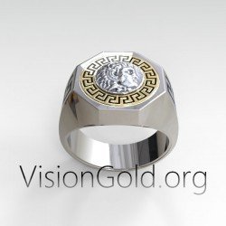 Meander Mens Ring With Coin Of Alexander The Great In 925 Sterling Silver  0497