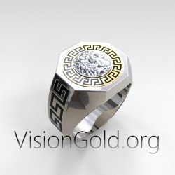 Meander Mens Ring With Coin Of Alexander The Great In 925 Sterling Silver  0497