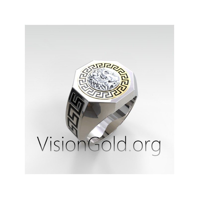 Meander Mens Ring With Coin Of Alexander The Great In 925 Sterling Silver  0497