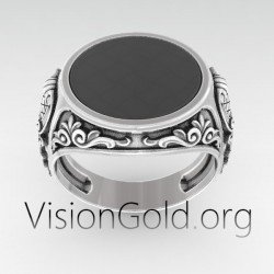 Серебряное мужское кольцо с черным камнем 0486