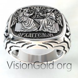 Orthodox Signet Mens Silver 925 Ring Save and Protect. Chevaliere. Synaxis of the Archangels 0511