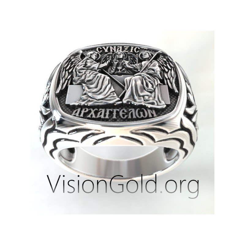 Orthodox Signet Mens Silver 925 Ring Save and Protect. Chevaliere. Synaxis of the Archangels 0511