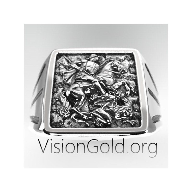 Saint George Warrior & Dragon Russian Orthodox Prayer Ring Sterling Silver 0516