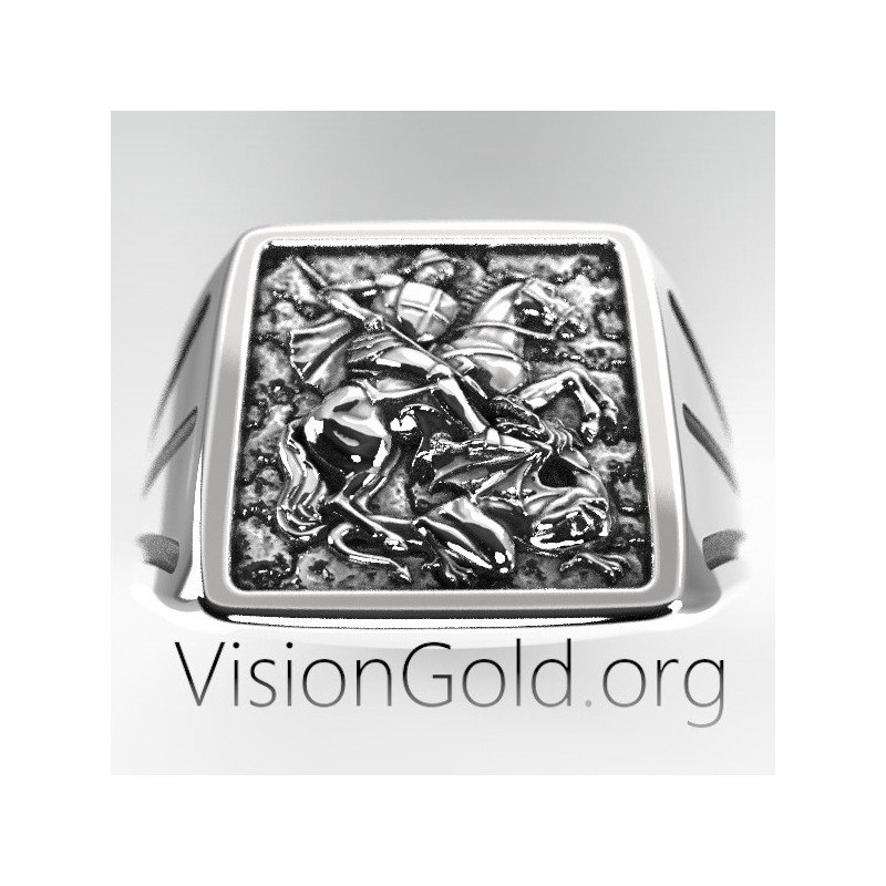 Серебряное мужское кольцо-печатка со Святым Георгием 0516