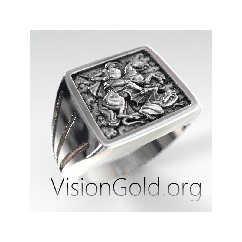 Saint George Warrior & Dragon Russian Orthodox Prayer Ring Sterling Silver 0516