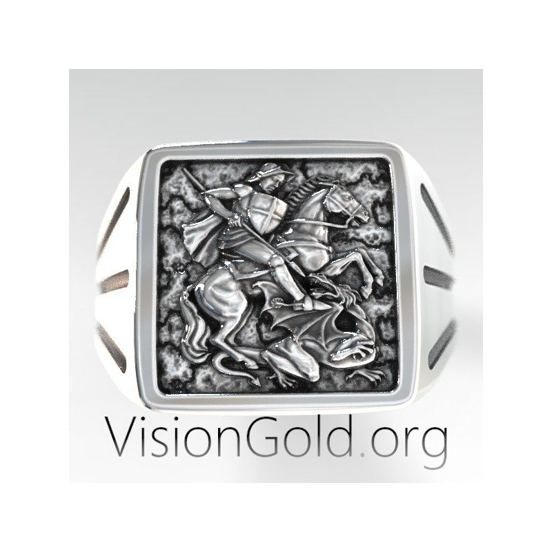 Ασημενιο Ανδρικο Δαχτυλιδι Σφραγιδα Με Τον Αγιο Γεωργιο 0516