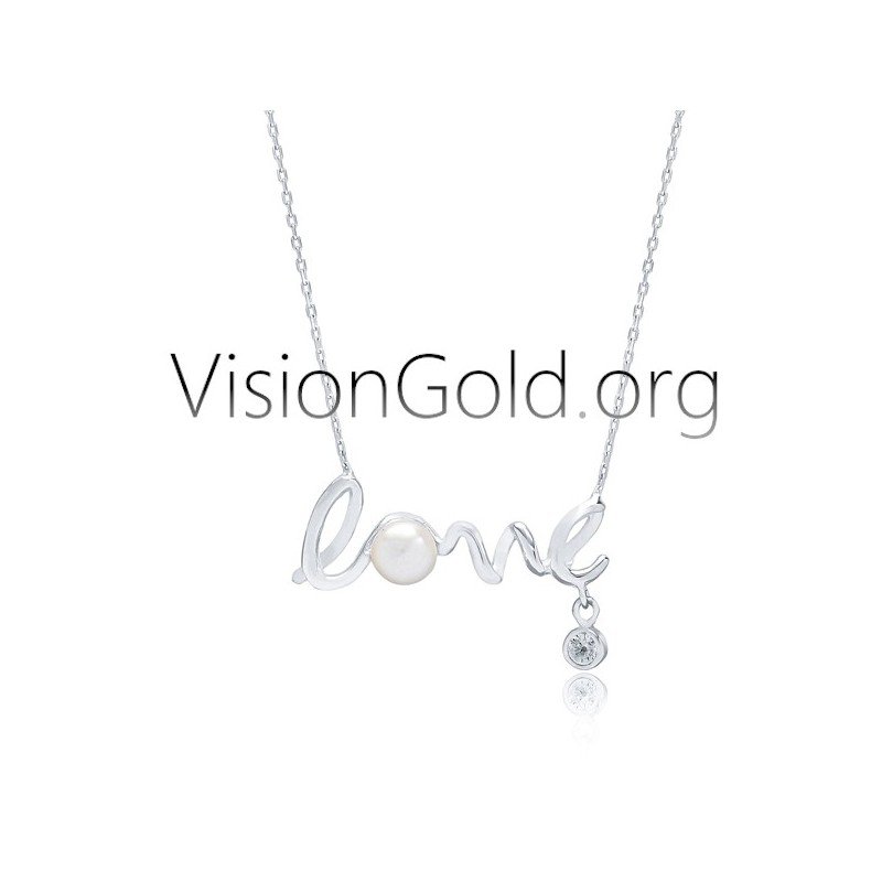 VisionGold.org® Γυναικείο ασημένιο κολιέ love Με πέρλα και ζιργκόν 0658