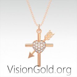 Visiongold.Org® Крест с сердцем и стрелой | Ожерелье Love Arrow Heart 0549