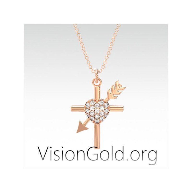 Visiongold.Org® Kreuz mit Herz und Pfeil|Kreuz Herz mit Reiher