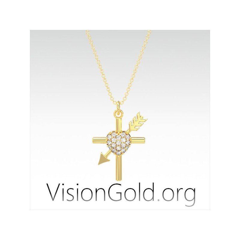 Visiongold.Org® Kreuz mit Herz und Pfeil|Kreuz Herz mit Reiher