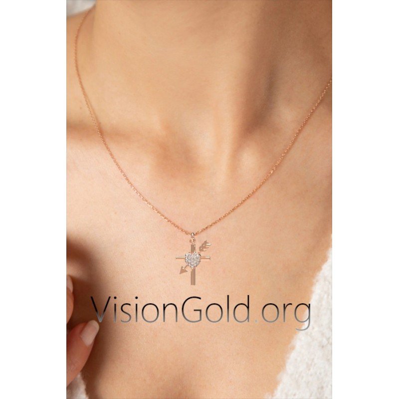 Visiongold.Org® Kreuz mit Herz und Pfeil|Kreuz Herz mit Reiher