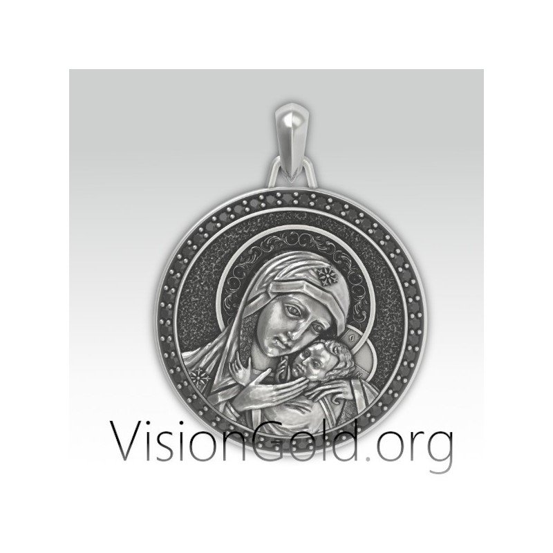 Solid Gold Greek Orthodox Mary and Jesus Necklace, Personalized Virgin Mary Gold Coin Pendant 0121