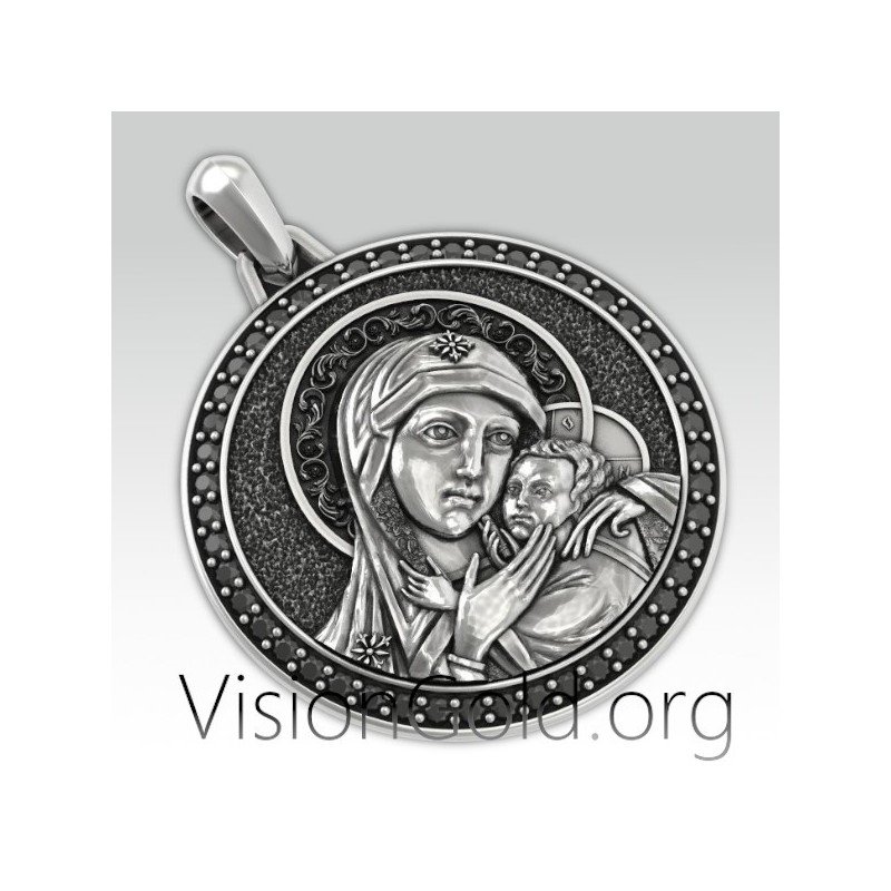 Solid Gold Greek Orthodox Mary and Jesus Necklace, Personalized Virgin Mary Gold Coin Pendant 0121
