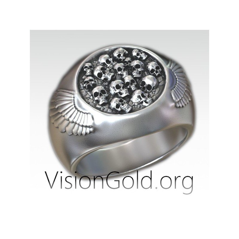 Специальное серебряное мужское кольцо Шевалье с черепами - Мужские кольца Салоники 0525