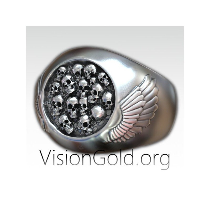 Специальное серебряное мужское кольцо Шевалье с черепами - Мужские кольца Салоники 0525