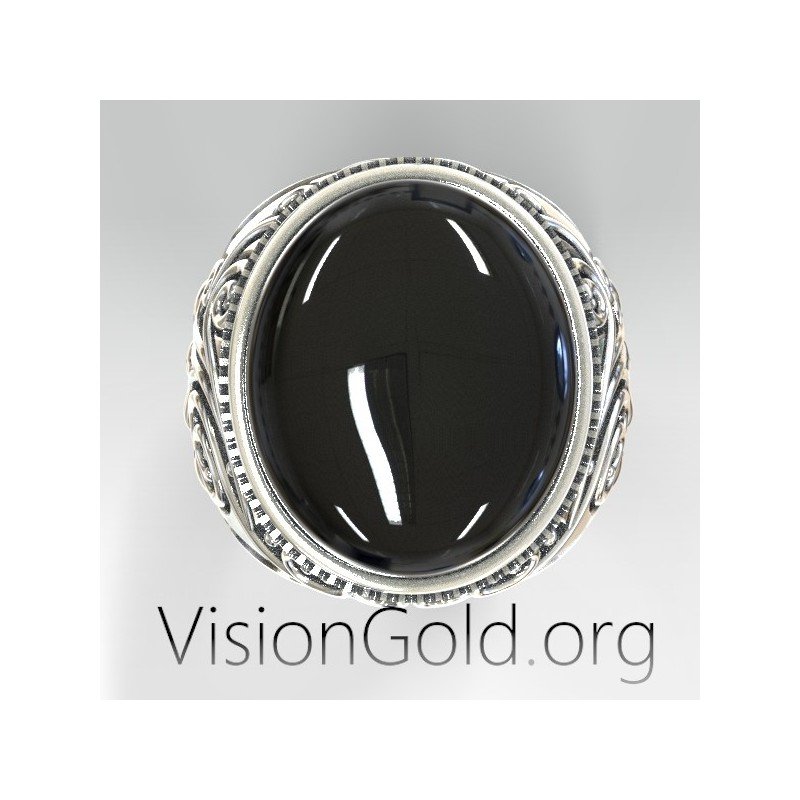 Anillo de plata para hombre con piedra negra y tallas. VisionGold.org® 0532 Anillos para hombre