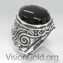 Серебряное мужское кольцо с черным камнем и резьбой. VisionGold.org® 0532 Мужские кольца