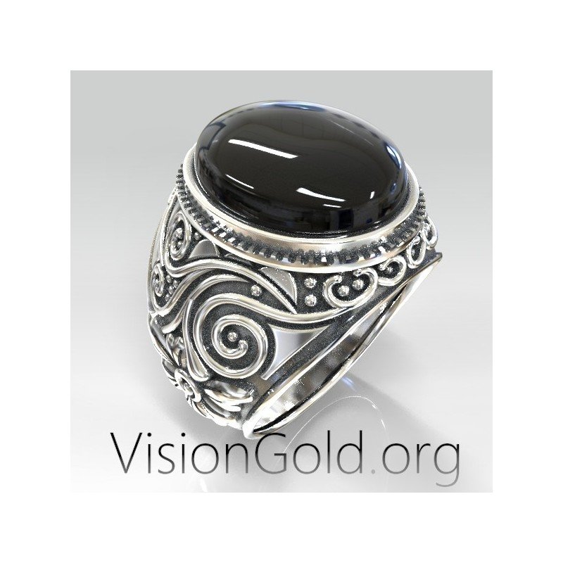 Anillo de plata para hombre con piedra negra y tallas. VisionGold.org® 0532 Anillos para hombre