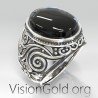 Black Onyx Sterling Silver Men's Ring, Statement Men's Jewelry, Black Gemstone Ring,Gift for Him 0532