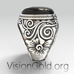 Anillo de plata para hombre con piedra negra y tallas. VisionGold.org® 0532 Anillos para hombre