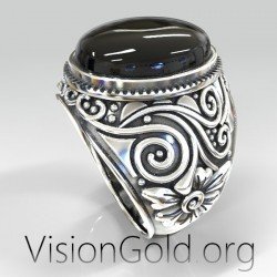 Anillo de plata para hombre con piedra negra y tallas. VisionGold.org® 0532 Anillos para hombre