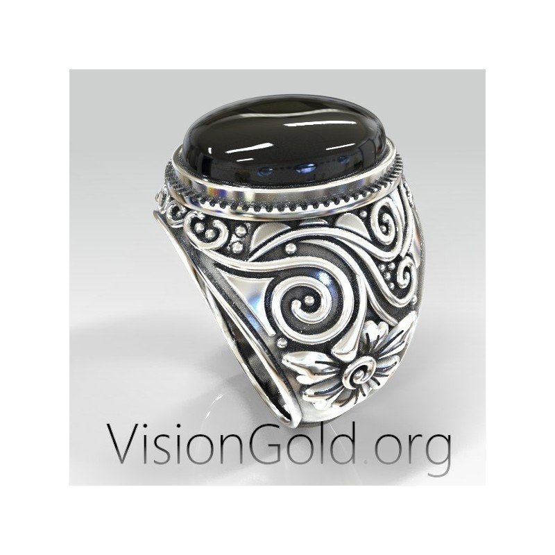 Anillo de plata para hombre con piedra negra y tallas. VisionGold.org® 0532 Anillos para hombre