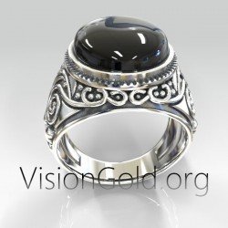 Anillo de plata para hombre con piedra negra y tallas. VisionGold.org® 0532 Anillos para hombre