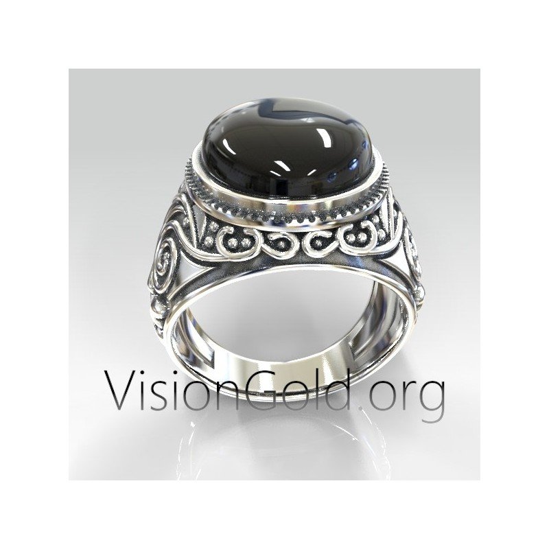 Anillo de plata para hombre con piedra negra y tallas. VisionGold.org® 0532 Anillos para hombre