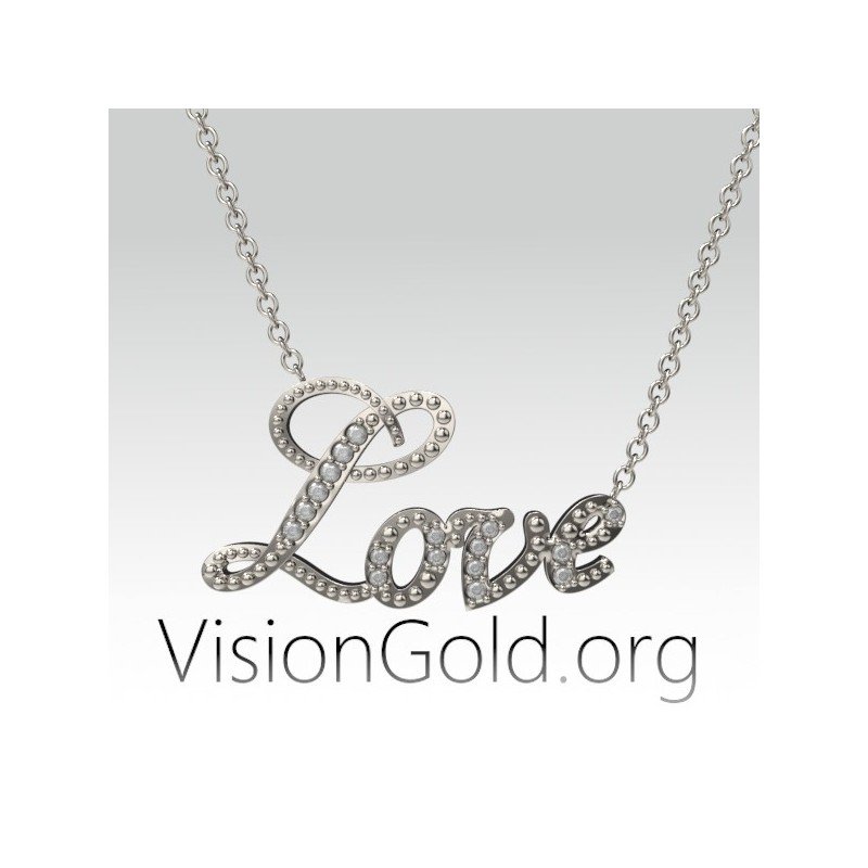 Solid Gold Love Necklace, Love Gold Pendant, Christmas Gift, Girlfriend Gift, Birthday Gift, Valentines Day Gift  0515