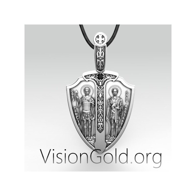 Colgante cristiano ortodoxo de doble cara Arcángel Miguel y San Jorge | Visiongold.Org® Collares para hombres