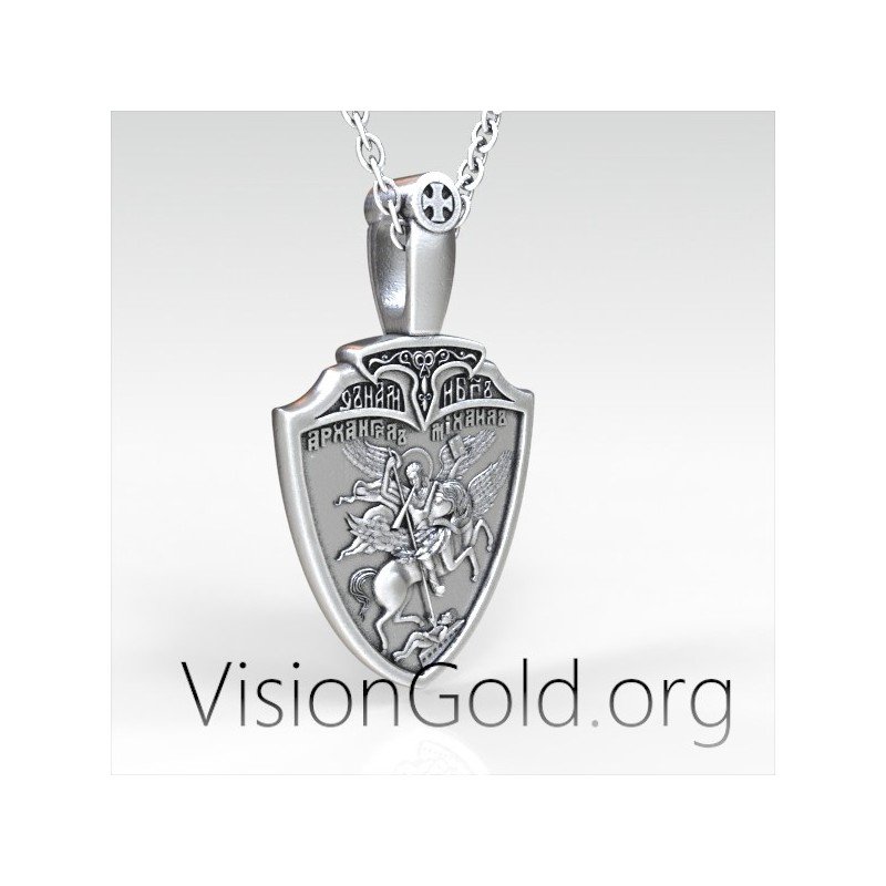 Colgante cristiano ortodoxo de doble cara Arcángel Miguel y San Jorge | Visiongold.Org® Collares para hombres