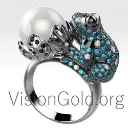 Damen Frosch Ring mit Diamanten und Perle 0657