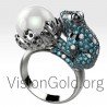 Γυναικείο δαχτυλίδι βάτραχος με διαμάντια και μαργαριτάρι 0657