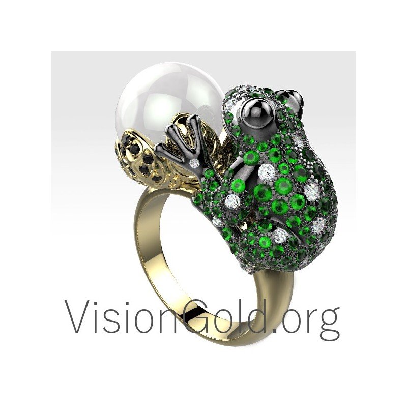 Women's frog ring with diamonds and pearl 0657