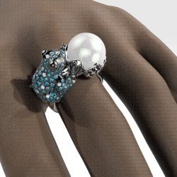 Women's frog ring with diamonds and pearl 0657