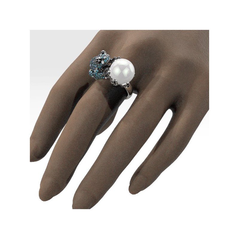 Women's frog ring with diamonds and pearl 0657