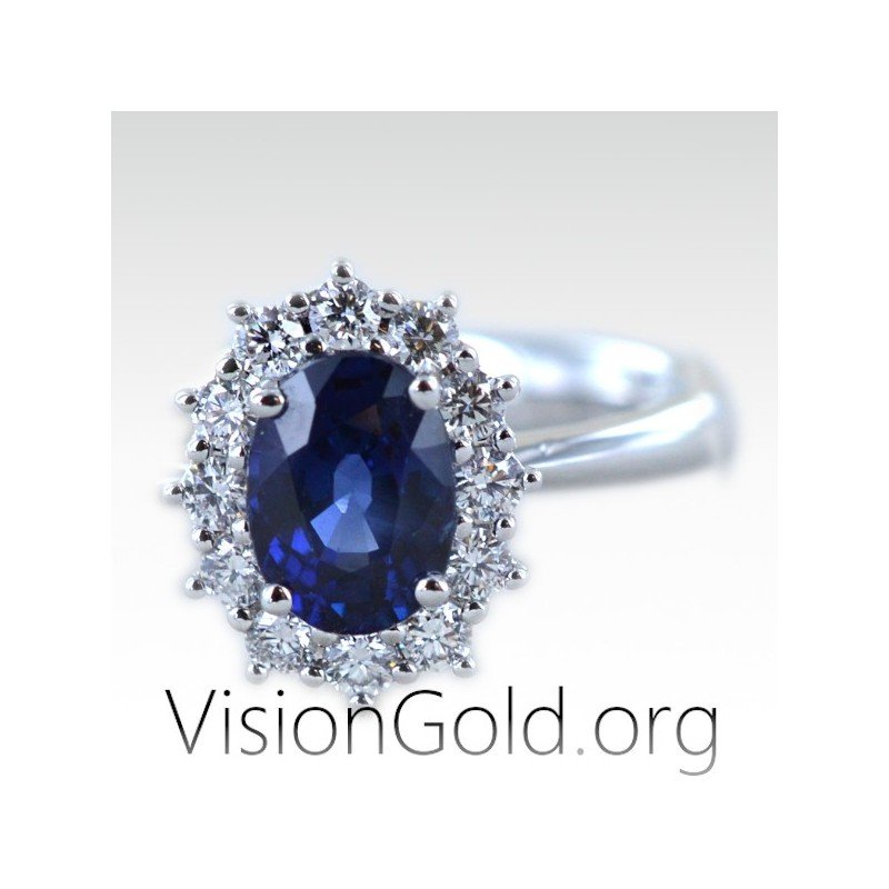 Anillo rosetón con zafiro ovalado y diamantes talla brillante Anillos de zafiro