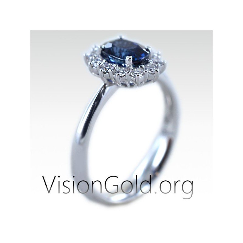 Anillo rosetón con zafiro ovalado y diamantes talla brillante Anillos de zafiro