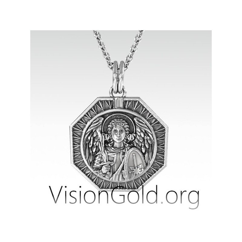 Archangel Saint Michael Silver Medallion, Orthodox Shield Archangel Pendant, St Micheal Necklace 0173